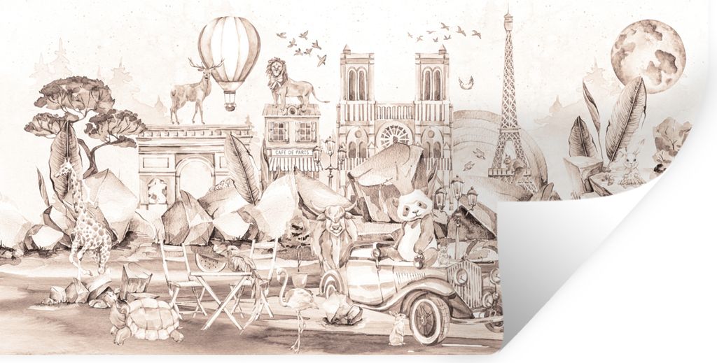MuchoWow Wandtattoo Wandsticker Wandaufkleber Kinder - Paris - Panda - Tiere - Heißluftballon 80x40 cm Selbstklebend und Repositionierbar - Aufk...