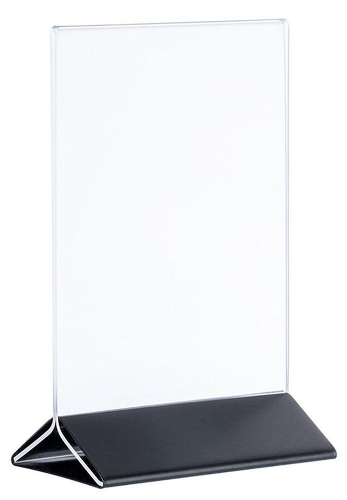 Tischkartenhalter DIN A6 beiseitig Hochformat mit Acryl Plakattasche mit Metallfuß in Schwarz Tischaufsteller Speisekartenhalter