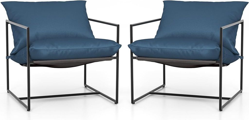 KOMFOTTEU Gartenstühle, Stuhl mit Armlehnen und Kissen für Sitz und Rückenlehne, Outdoor-Sessel aus Metall und Textilene-Stoff, bis 150 kg, blau