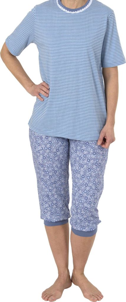 Damen Capri Pyjama kurzarm und mit Spitzenbesatz– auch in Übergrössen bis Grösse 60/62 - 191 204 90 838 ; blau , 40