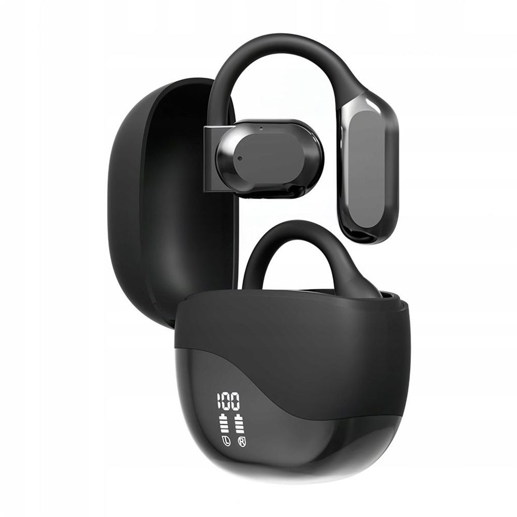 A pair of black wireless earbuds with their charging case, displayed against a white background.