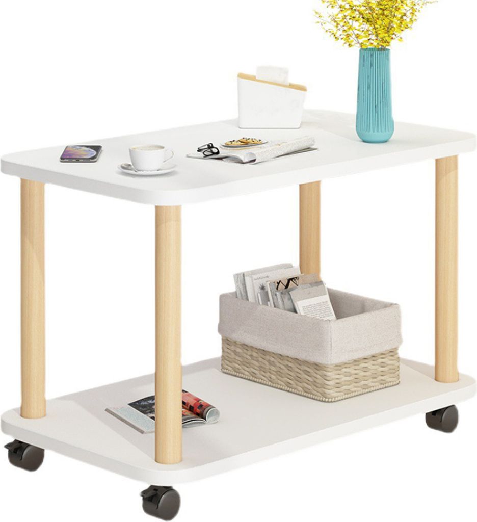 Beistelltisch, Rechteckiger Beistelltisch, Holz-Nachttisch mit 2-stufigem Ablagefach, Kleiner Wohnzimmertisch, Holznachttisch, Weiß