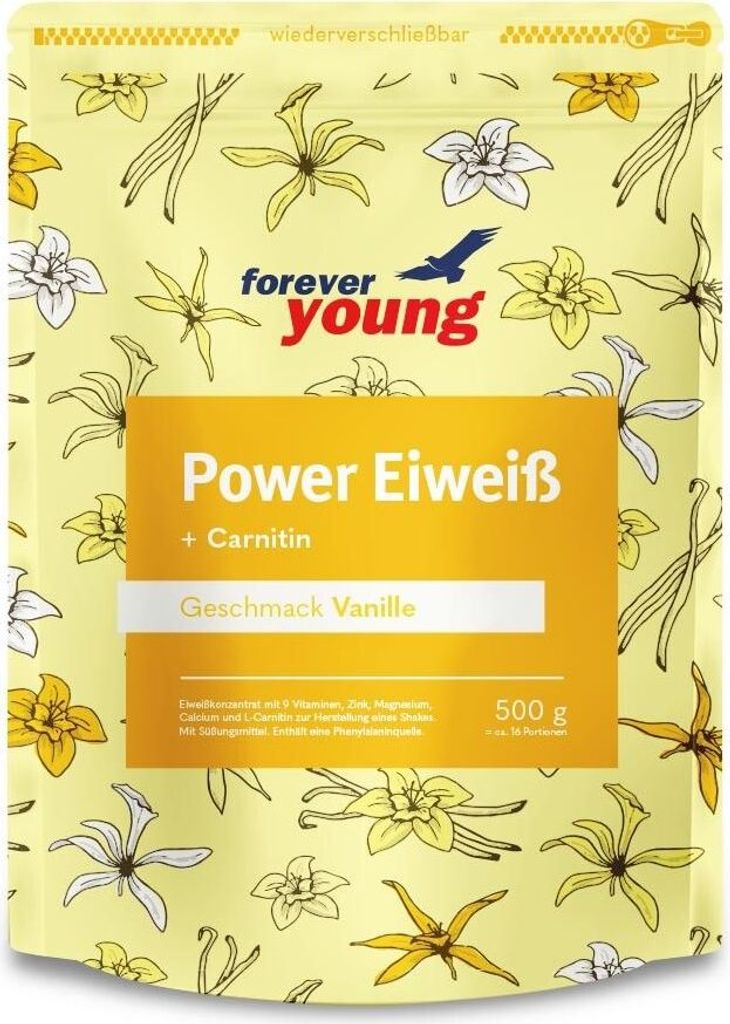 A product package for Forever Young Dr. Strunz Power Eiweiß Plus with a vanilla flavor.