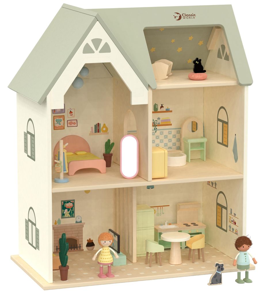 CLASSIC WORLD Großes Holzhaus – Gemütliche Puppenecke mit Möbeln (31-teilig)