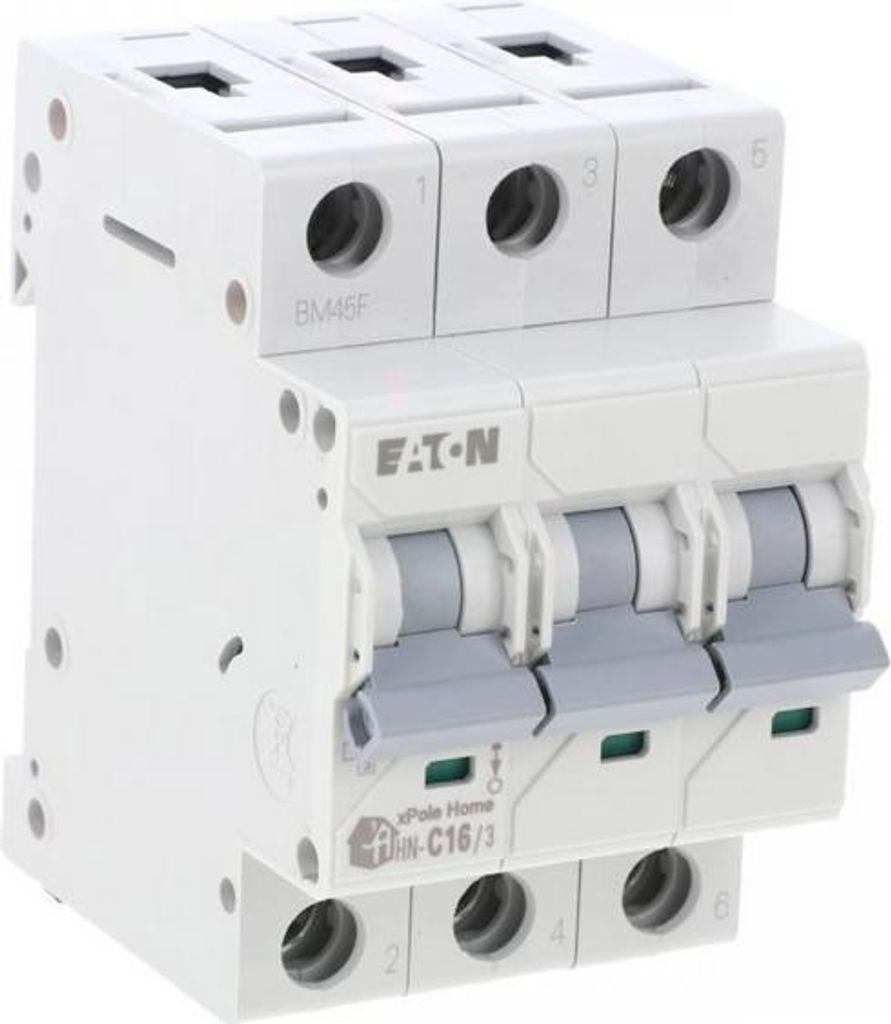 A white three-pole circuit breaker with gray levers.