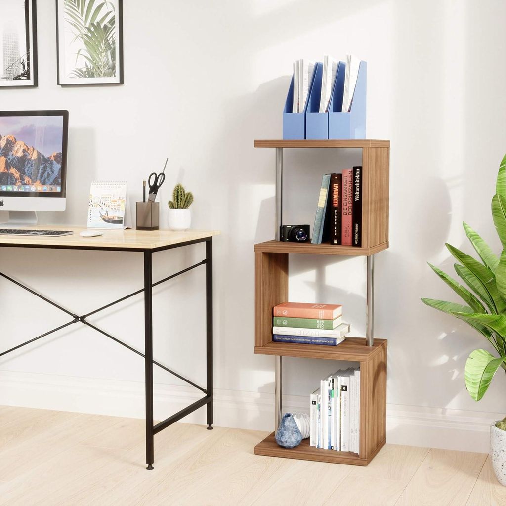 Moderne Freistehende S-förmige Bücherregal 4-lagige Geometrische Bücherregal mit Metallrahmen - Walnussfarbe - Für Wohnzimmer, Schlafzimmer und...
