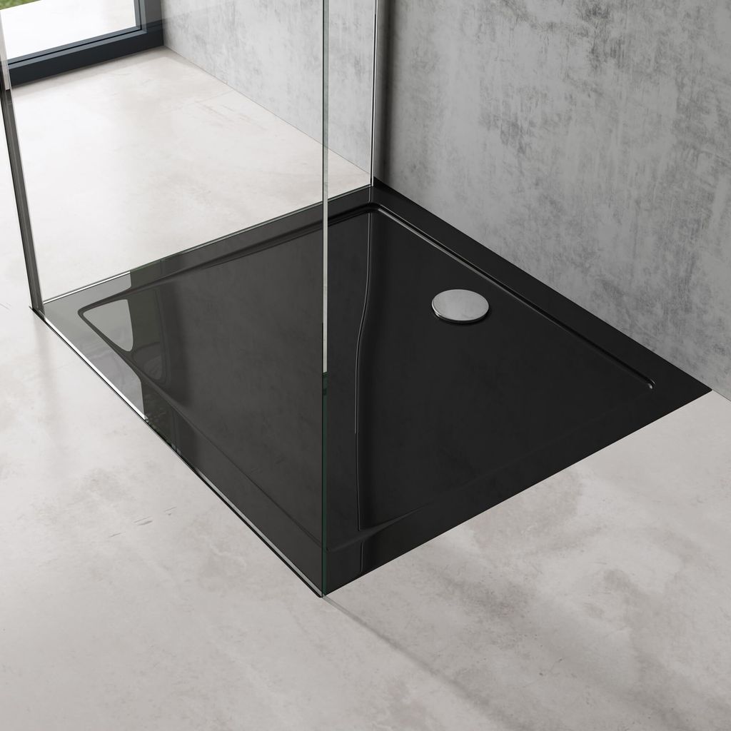 doporro Duschtasse Duschwanne 90x100x4 flach inkl. Ablaufgarnitur AL02 aus Acryl in Schwarz Rechteckig DIN-Anschlüsse für bodenebene Montage geei...