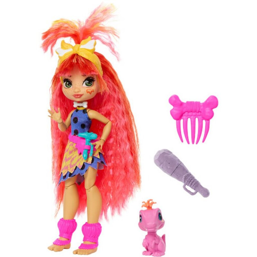 Cave Club Emberly Puppe (25 cm), prähistorische Modepuppe mit Haus-Dinosaurier