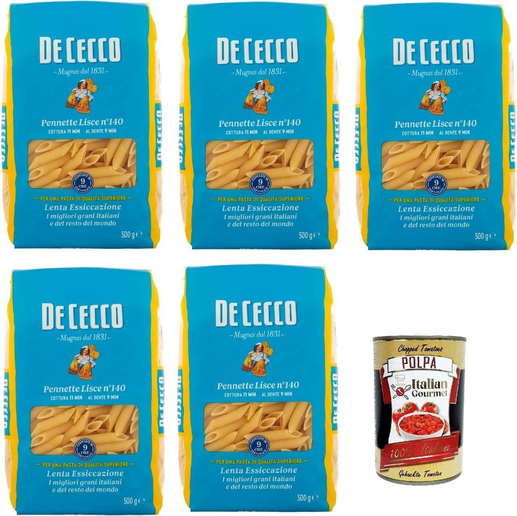 De Cecco Pennette Lisce N°140 100% Italienisch Pasta Nudeln 5x 500g + Italian Gourmet Polpa 400g