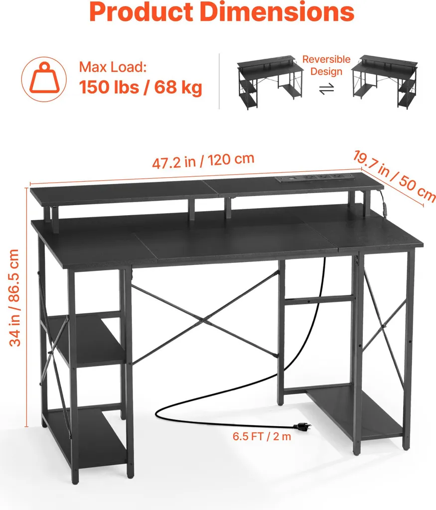 Table de Bureau Ergonomique avec Support Écran et Étagères de Rangement