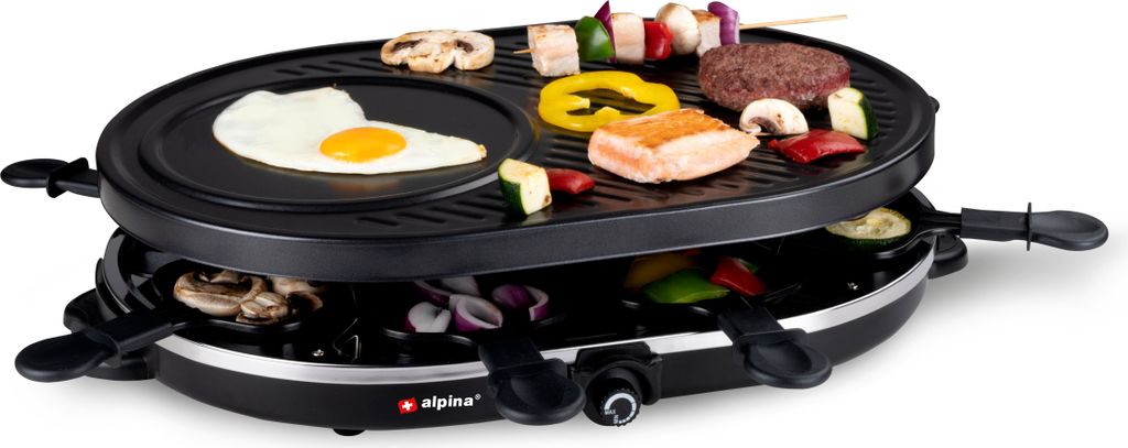 alpina Elektrogrill Tischgrill Elektrisch 1200W - Raclette 8 Personen mit 2 Lagen - mit 8 Pfannen und 8 Spachteln - Antihaftbeschichtung - 3-in-1 P...