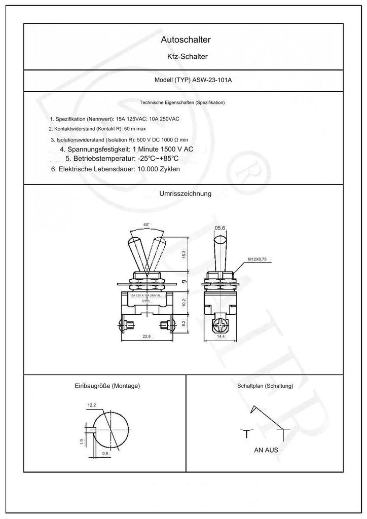 QitinDasen Kippschalter Set 5 Stück - Wasserdichte Auto Schalter SPST 2-Polig