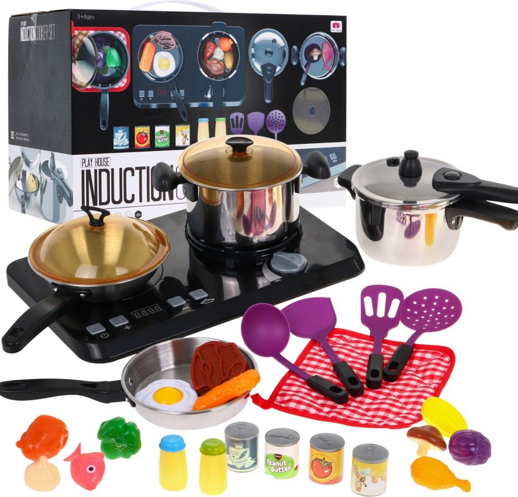 A collection of toy kitchenware, including a play induction stove, pots, pans, utensils, and toy food items, arranged on a white background.