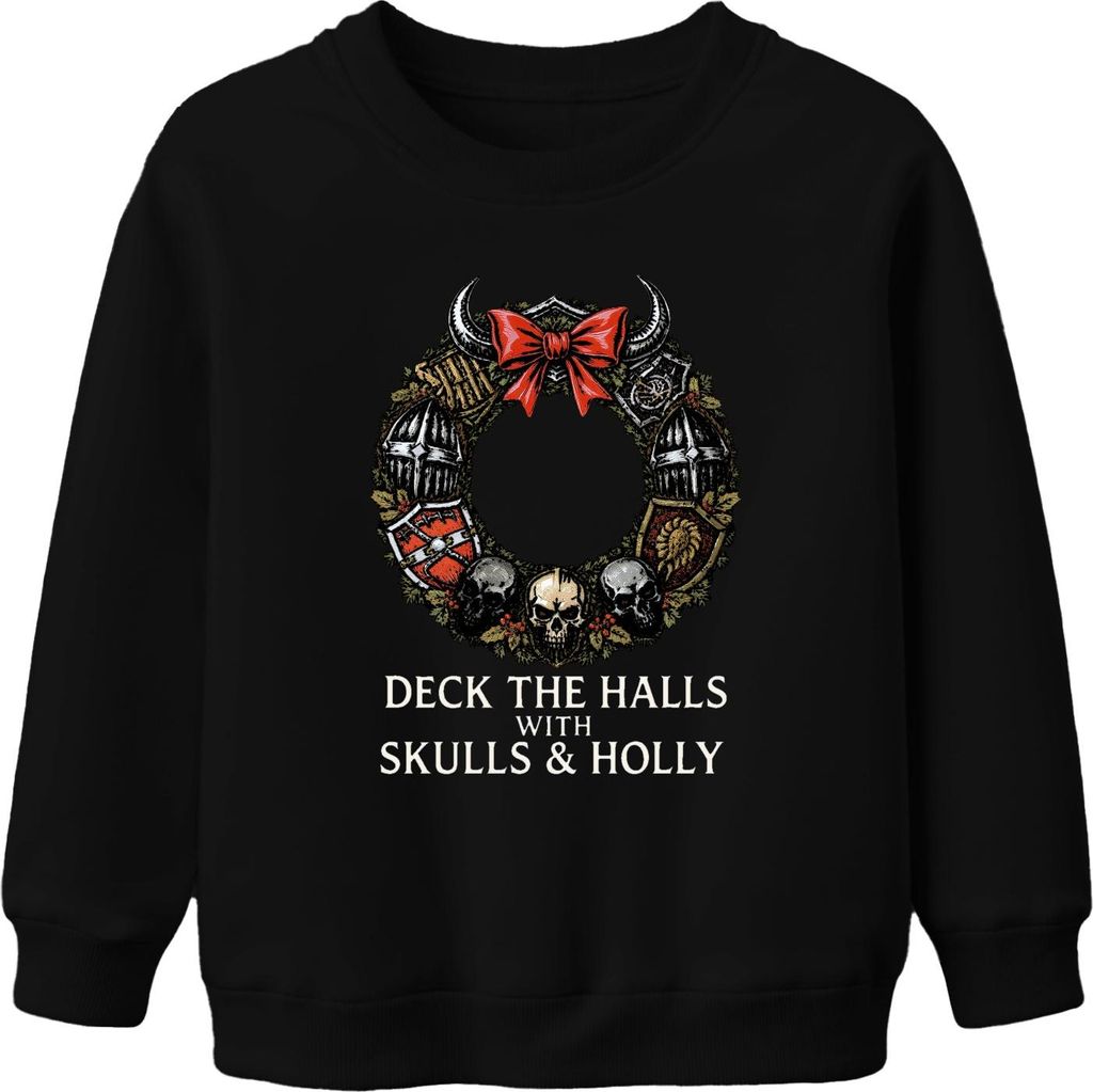 Deck The Halls With Skulls and Holly Gothic Weihnachtsgeschenk Uni Kinder Sweatshirt Pullover, Schwarz, 116