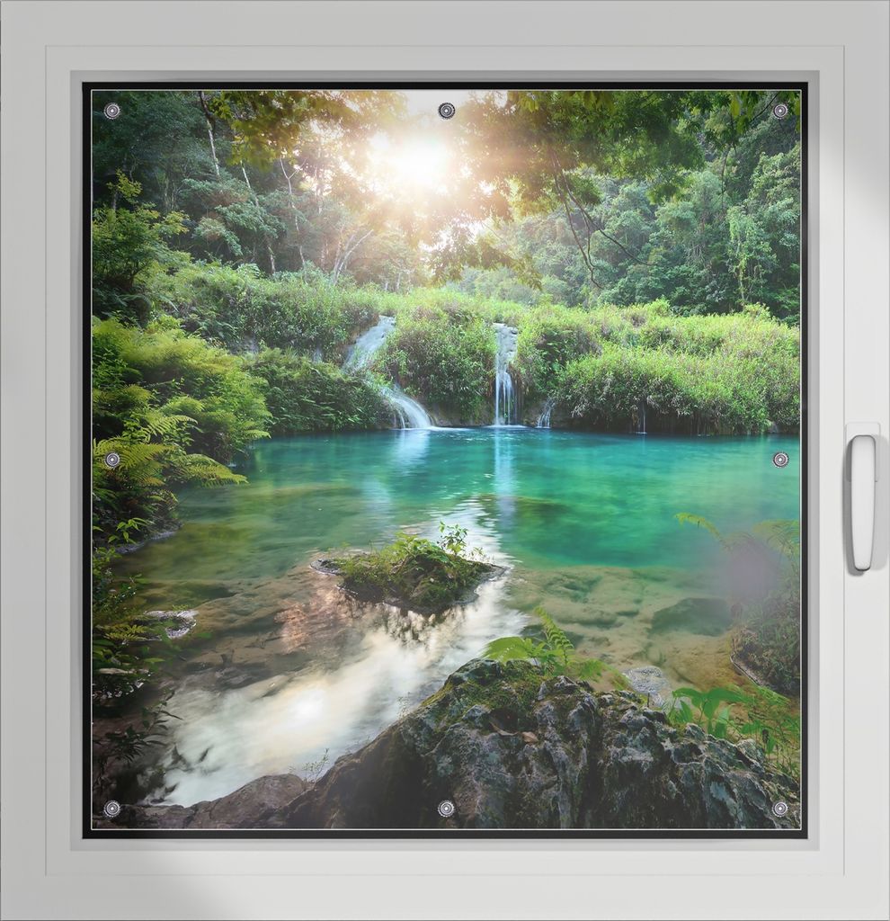 Wallario Lichtschutzbild, Dekorativer Sichtschutz Sonnenschutz 96 x 93 cm mit Motiv: Türkisgrüner See im Nationalpark in Guatemala - Verdunklung ...