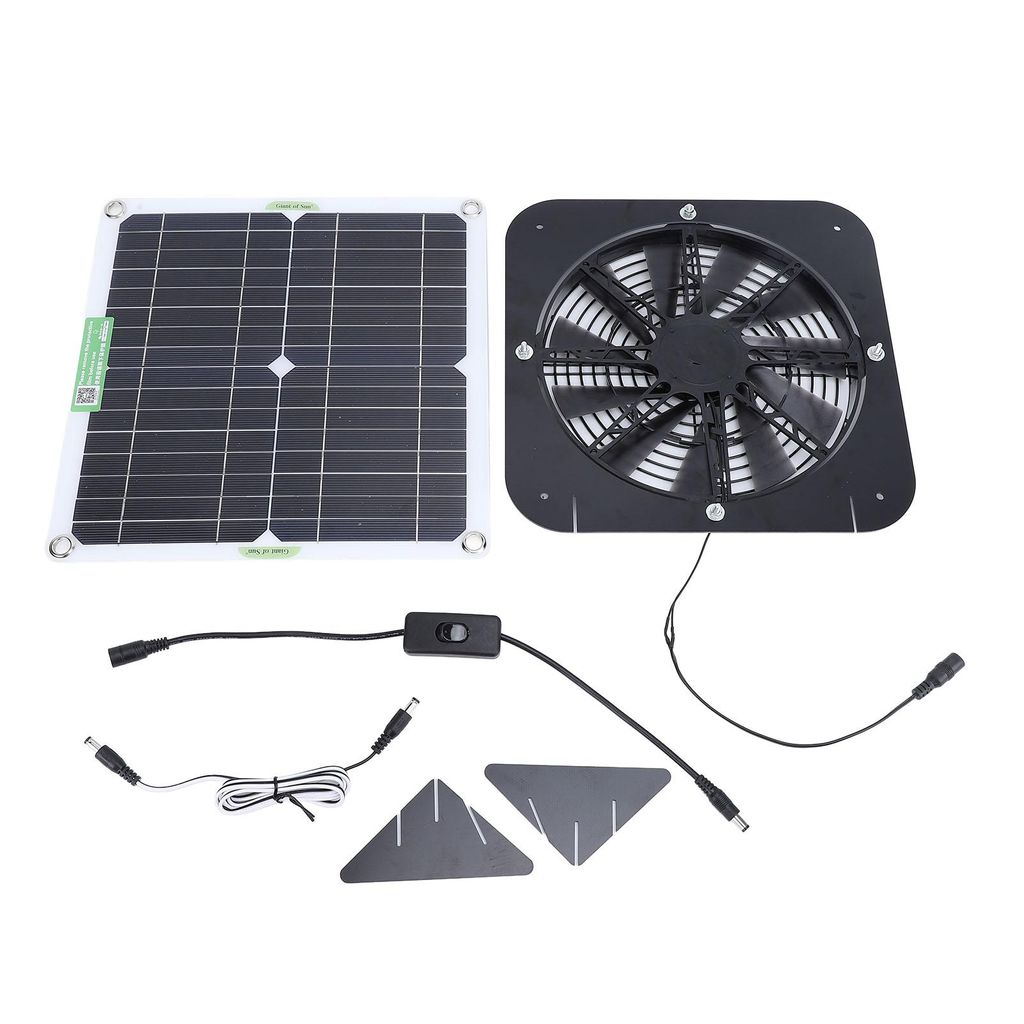 A solar panel and fan kit laid out on a white background.