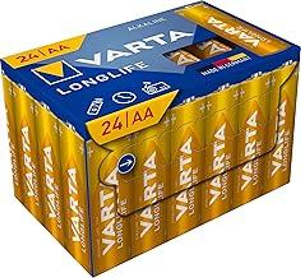 VARTA Batterien AA, 24 Stück, Longlife, Alkaline, 1,5V, Cube, ideal für Fernbedienungen, Wecker, Radios, Wanduhren, Verpackung zu 90% recycelt, ...