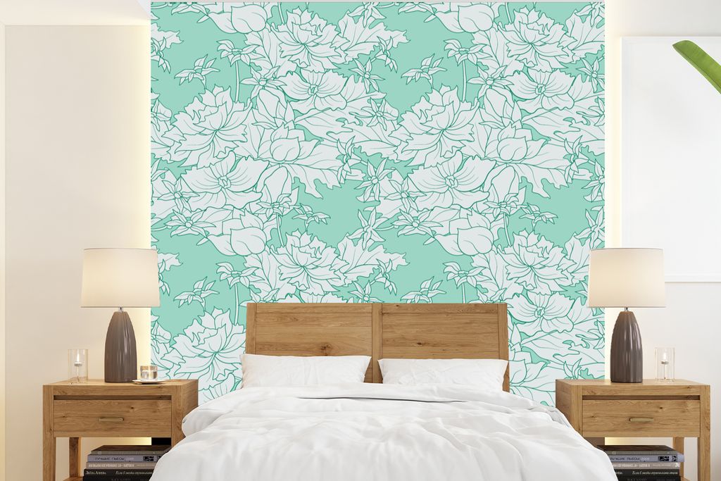 MuchoWow Fototapete für Wohnzimmer oder Schlafzimmer Wandtapete Vinyl Motivtapete Muster - Vintage - Blumen - 240x260 cm - Tapezier Papier