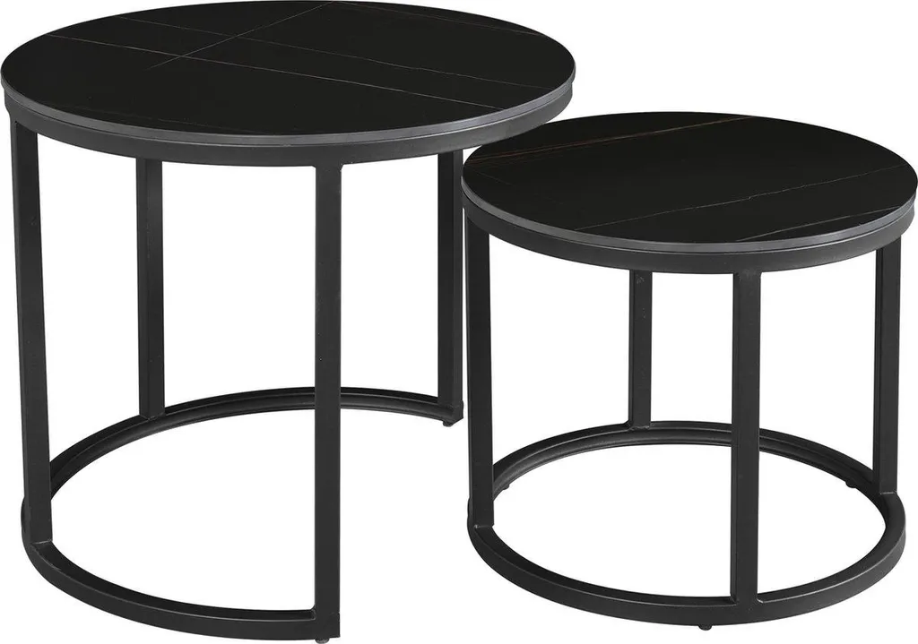 Table Basse de Luxe en Pierre Frittée Effet Marbre Noir - Set de 2 Rond