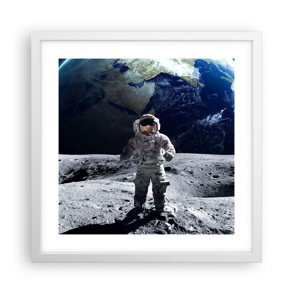 Gerahmtes Poster - Weißer Rahmen - Astronaut Mond Erde Raum - 40x40 cm - Wand Bild - Wanddeko - Wandbilder - Kunstposter - Wandposter - Bilderrahm...