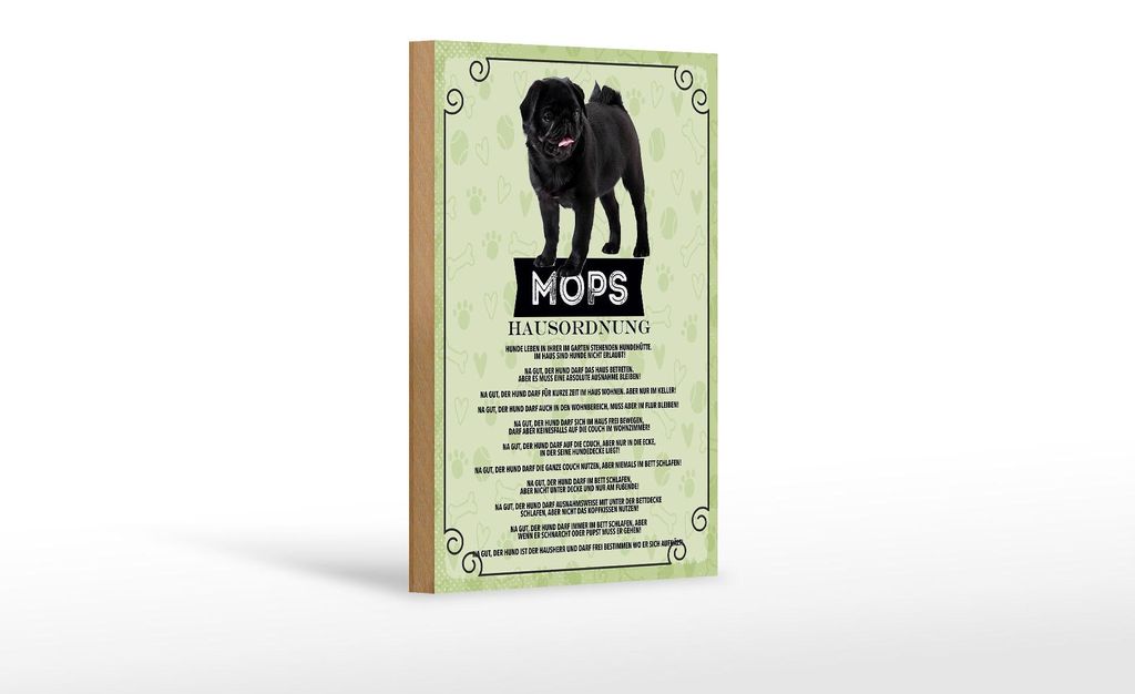 Holzschild Spruch 12x18 cm Tiere Mops Hausordnung Hunde Dekoration