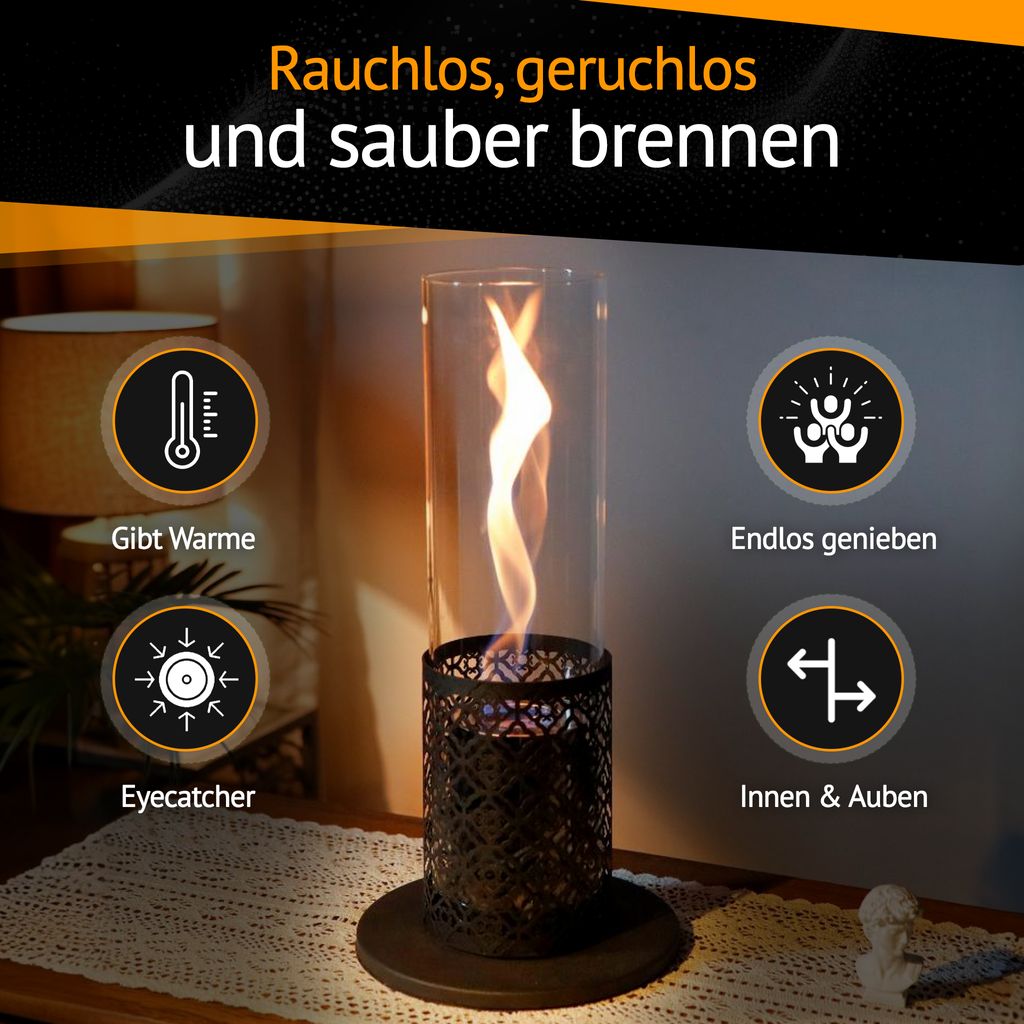 Fiérza Tischkamin XXL – Bioethanol Kamin 46 Cm, Inkl. Dekosteine, Für Indoor & Outdoor
