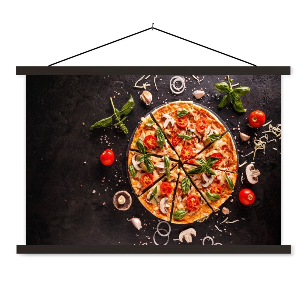 MuchoWow Textilposter Pizza - Gemüse - Kräuter - Küche - Industrie 90x60 cm mit schwarzem Rahmen - Aufhängungssatz