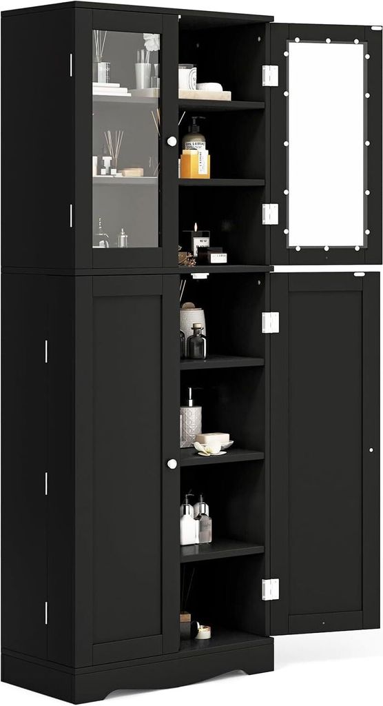 A tall, black cabinet with glass doors and shelves, displaying various toiletries and decorative items.