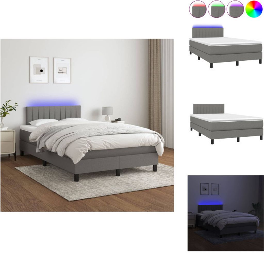 vidaXL Boxspringbett mit Matratze & LED Dunkelgrau 120x200 cm Stoff - Betten & Bettgestelle