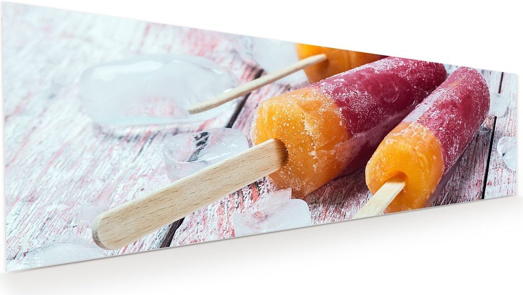 Glasbild Wandbild Eis am Stiel auf Holztisch 120x40cm in XXL für Wohnzimmer, Schlafzimmer, Badezimmer, Flur