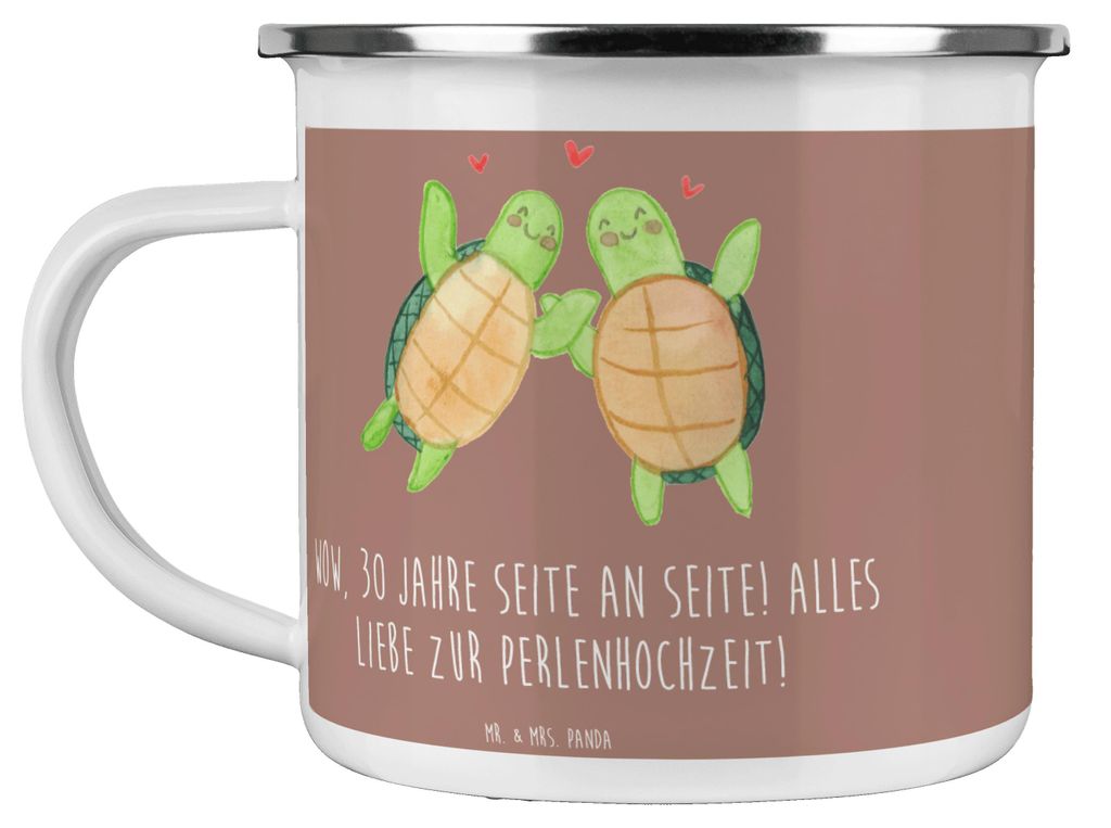 Mr. & Mrs. Panda blechbecher 30. Hochzeitstag Perlenhochzeit - Braun Pastell - Geschenk, Heirat, Heiraten, anerkannt, reisetasse, Emaille Becher, E...