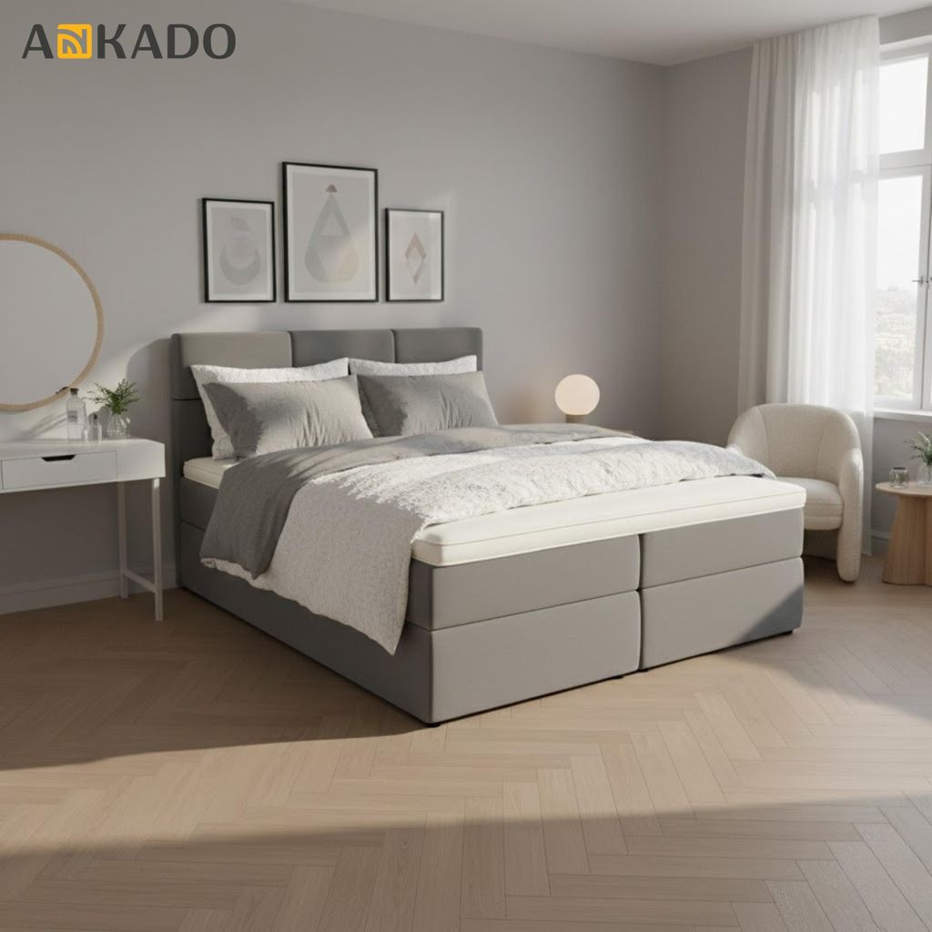 Boxspringbett - 180x200 - Grau - mit Bettkästen - mit Matratze H3 und Topper - Komplett-Set - Polsterbett - Automatisches Ausklappen