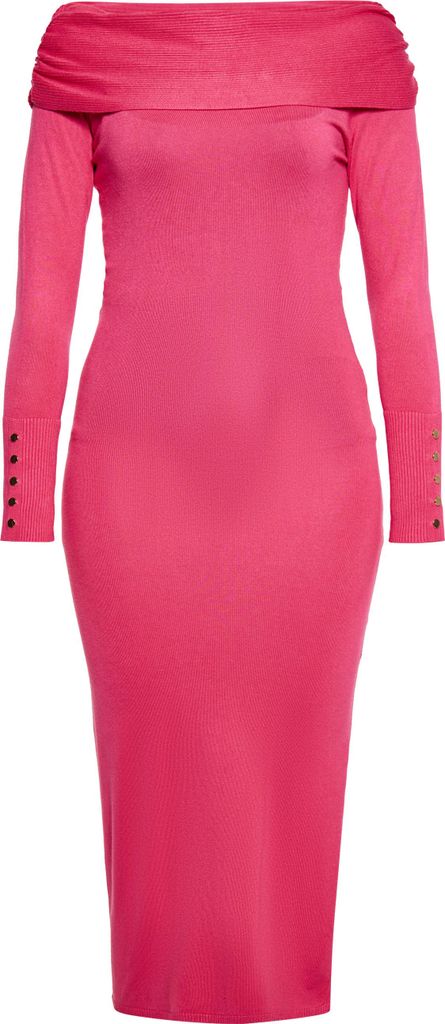 Pinkes Langarm-Midi-Abendkleid XS mit schulterfreiem Faltenausschnitt und tailliertem Schnitt