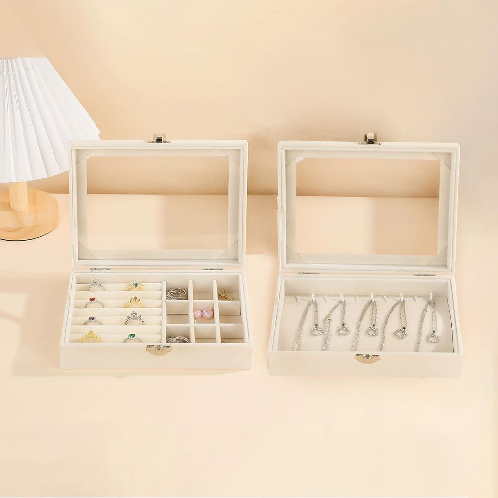Schmuckkasten, 2er Set-Schmuckschatulle, mit Glasdeckel, herausnehmbaren Trennwände, Schmuckkästchen mit Sichtfenster, Schmuckbox für Ketten Oh...