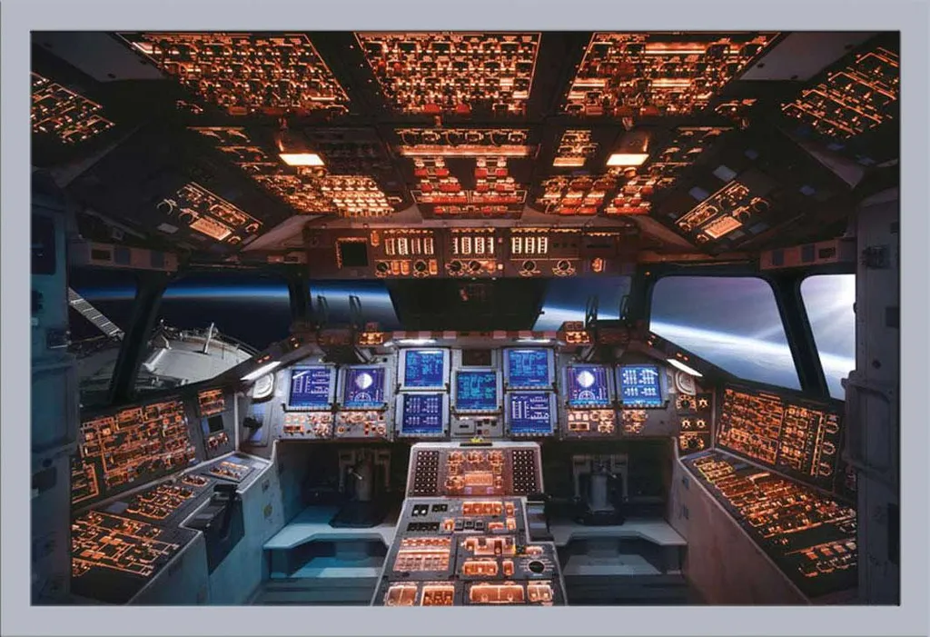 Didattica - Educazione - Poster - Space Shuttle Cockpit Columbia Spaceship + cornice rimovibile, Shinsuke® Maxi MDF argento, disco acrilico