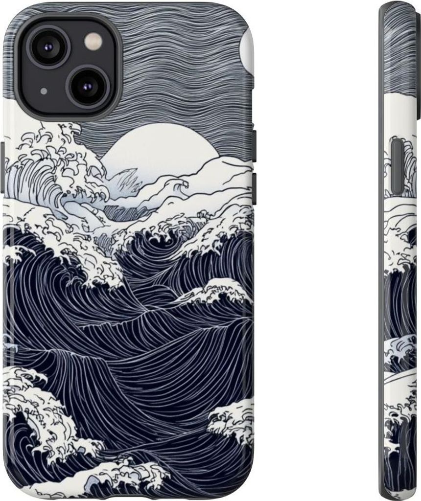 Monochrome Meereswellen und Vollmond – Hülle Kompatibel mit iPhone 14 Plus