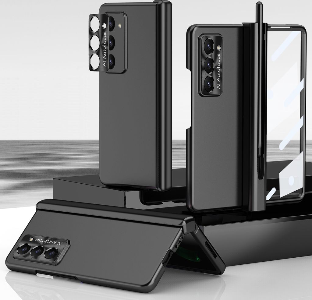 Hülle für Samsung Galaxy Z Fold 5 Magnet Scharnierschutz Stifthalter, Überzug Kratzfest Schutzhülle mit Linsenfolie, Displayschutz Schwarz