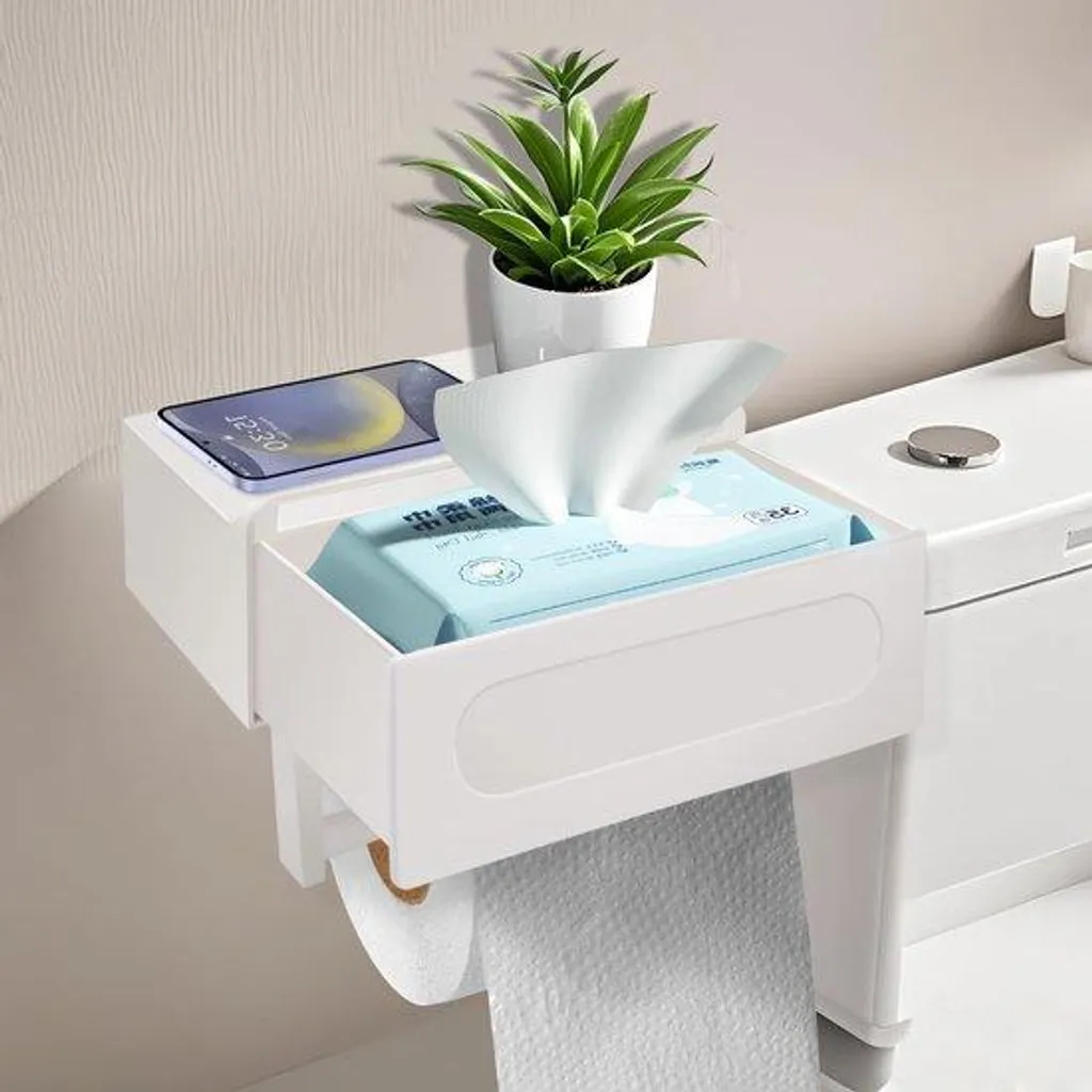 Porte-papier hygiénique blanc avec tablette et compartiment de rangement