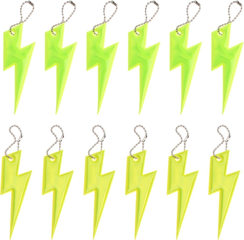 12 Stück reflektierende Anhänger mit Blitzmotiven – fluoreszierendes Grün + fluoreszierendes Gelb