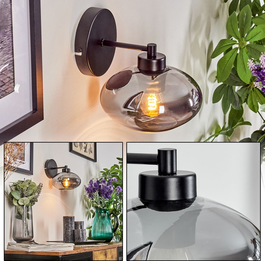 Pietramelara moderne Wandlampe aus Metall/Glas in Schwarz/Rauchfarben