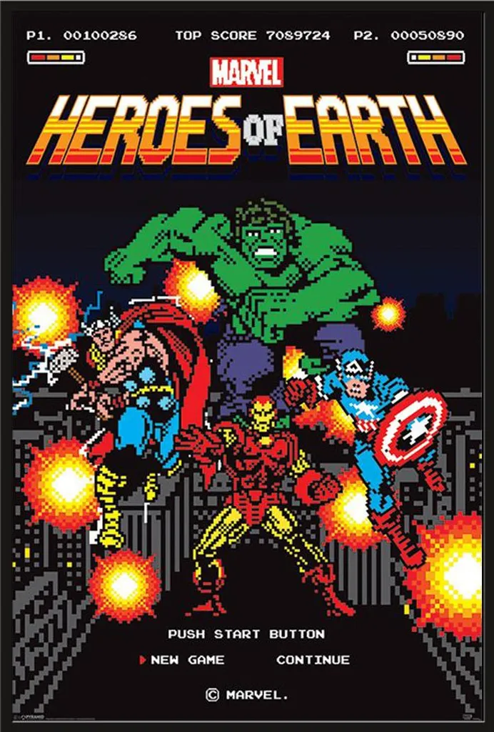 Poster Marvel 8-Bit Heroes of Earth Encadré Noir avec Vitre Acrylique