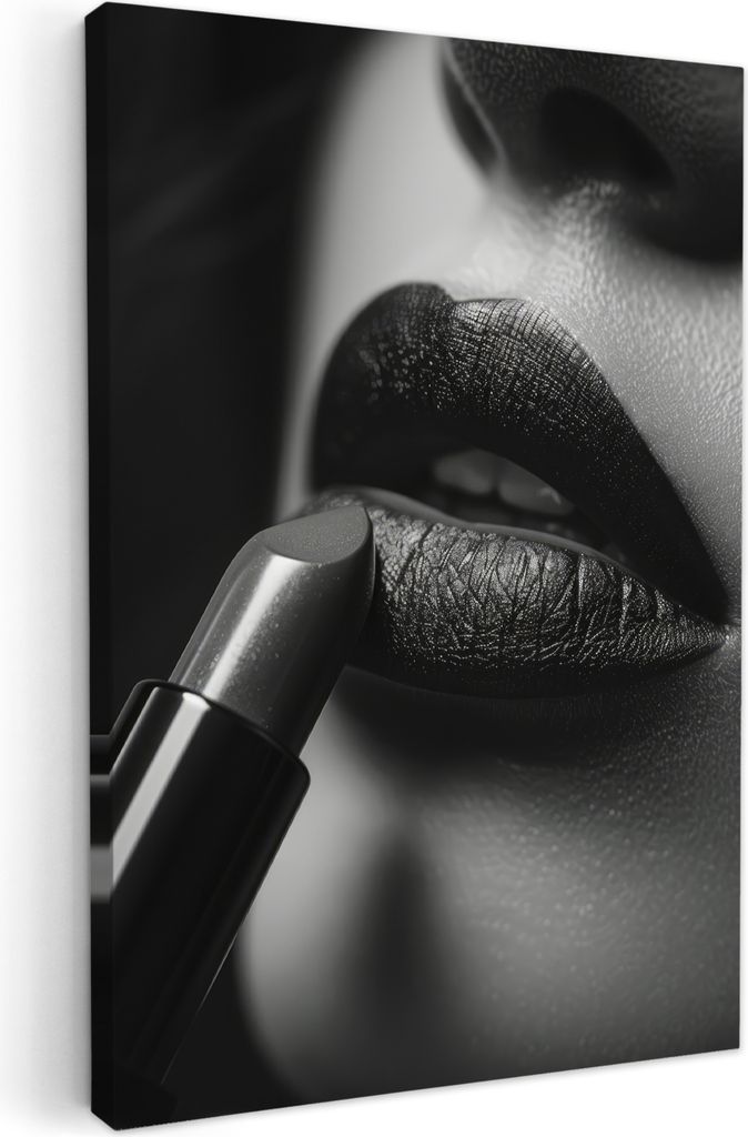 MuchoWow - Leinwandbilder - Frau - Lippenstift - Schwarz und weiß - Make-up, Wandbild, Wanddeko Bilder Wohnzimmer, 40x60 cm