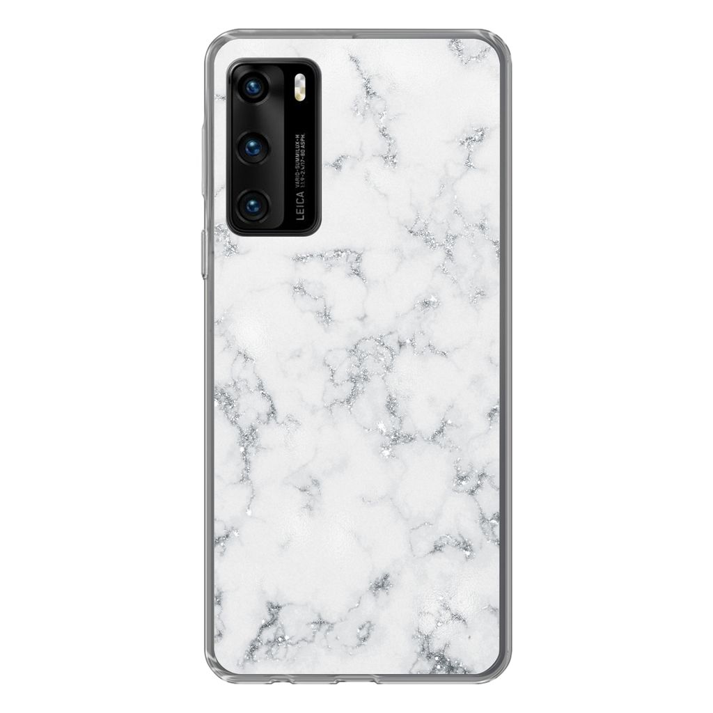 MuchoWow Handyhülle Schutzhülle Hülle für Huawei P40 Marmor - Weiß - Silber - Glitter - Marmoroptik - Chic Silikon Softcase Handy Hülle - H...