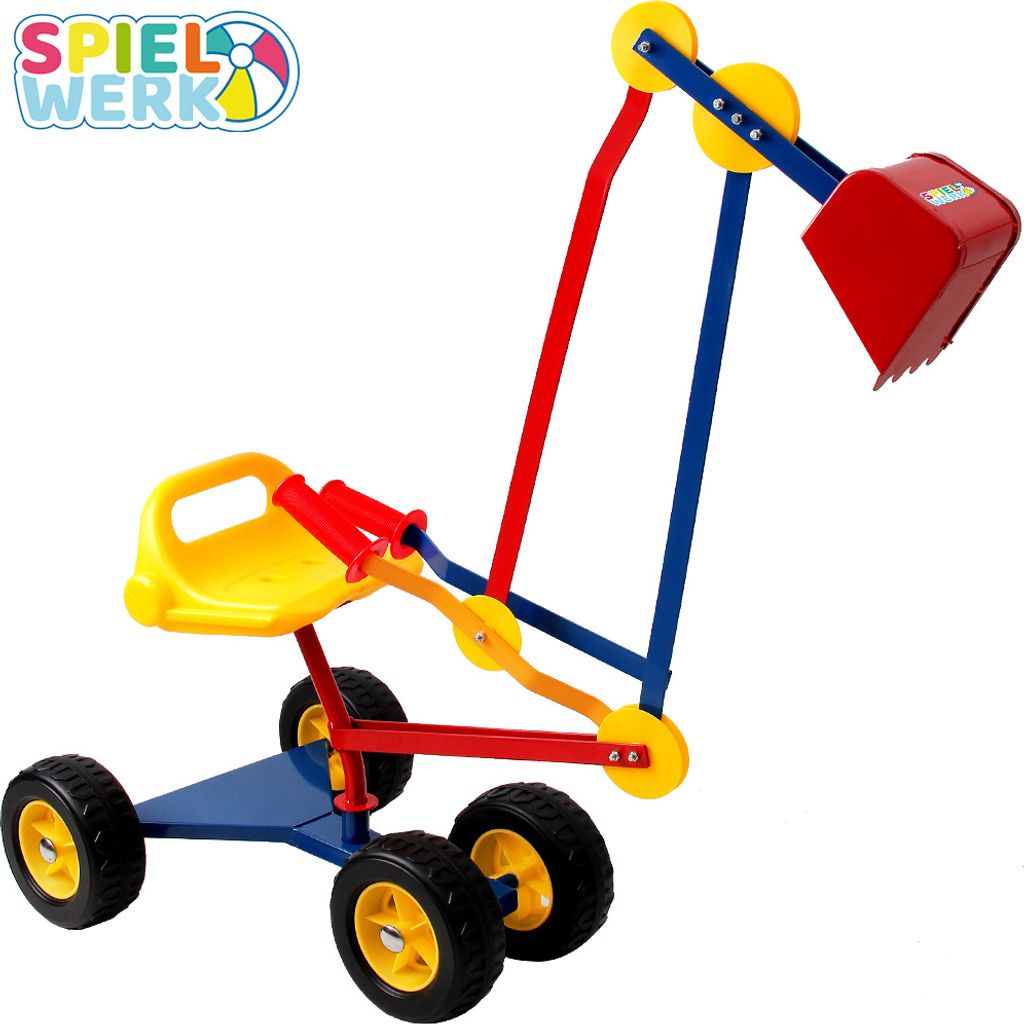 Spielwerk Sitzbagger 360° Radius Schwenk- und Greiffunktion bis 50kg Sandkasten Aufsitzbagger Reifen Schaufel Kinder Spielzeug ab 3 Jahren Metall