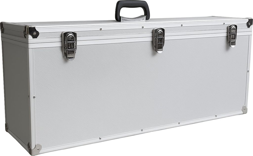 A silver aluminum case with a black handle and metal latches, shown from a slightly angled front view on a white background.