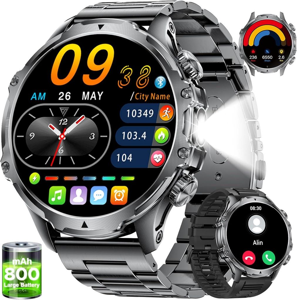 LIGE Smartwatch Herren 1.85'' HD Display 800 mAh Akku LED Taschenlampe Fitnessuhr mit Telefonfunktion 110+ Sportmodi IP68 wasserdicht
