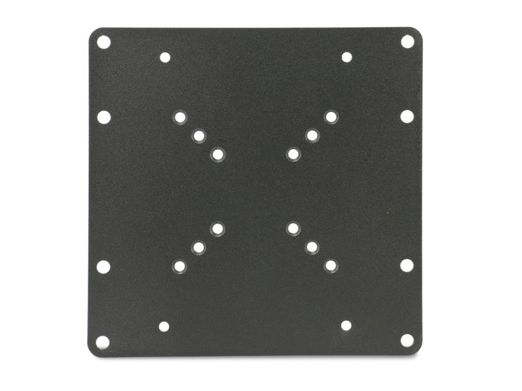 A black VESA adapter plate with multiple mounting holes is shown against a white background.