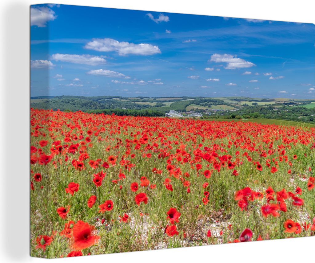 OneMillionCanvasses - Leinwandbilder - 140x90 cm, Rote Mohnblumen im englischen South Downs National Park, Wandbilder Kunstdruck Wanddekoration -...
