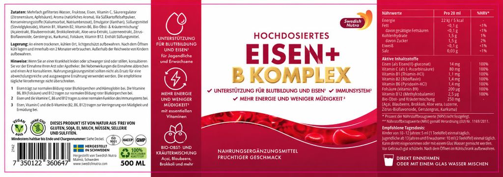 Swedish Nutra Liquid Iron  Eisen  Vitamin B Komplex  Produktbild 