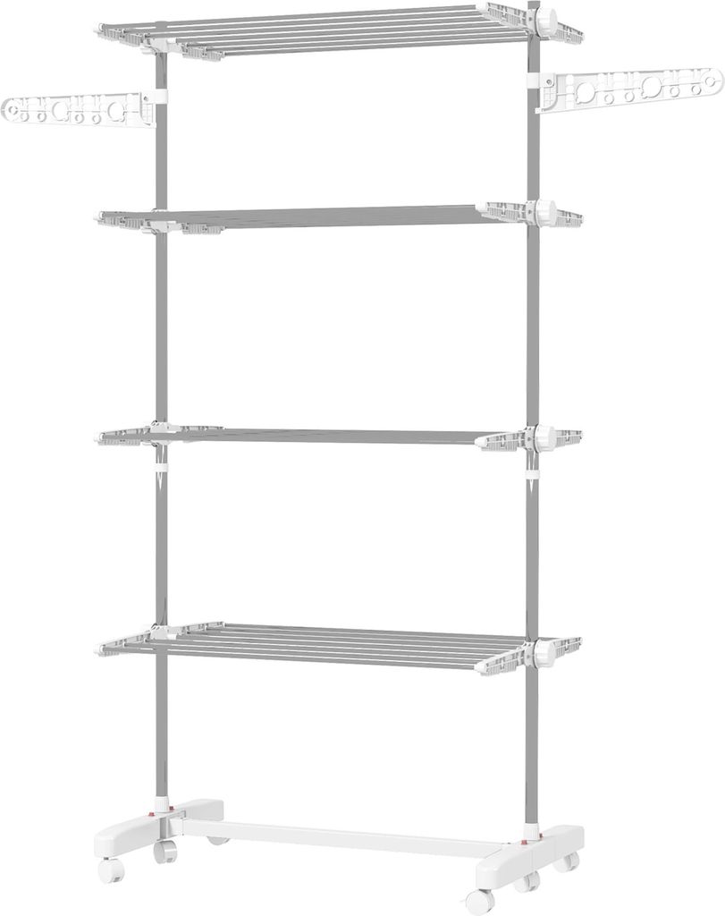 Mobiler Wäscheständer mit Rollen, 4 Ebenen, klappbar, Edelstahl, rostfrei, weiß+silber, 142 x 55 x 172 cm